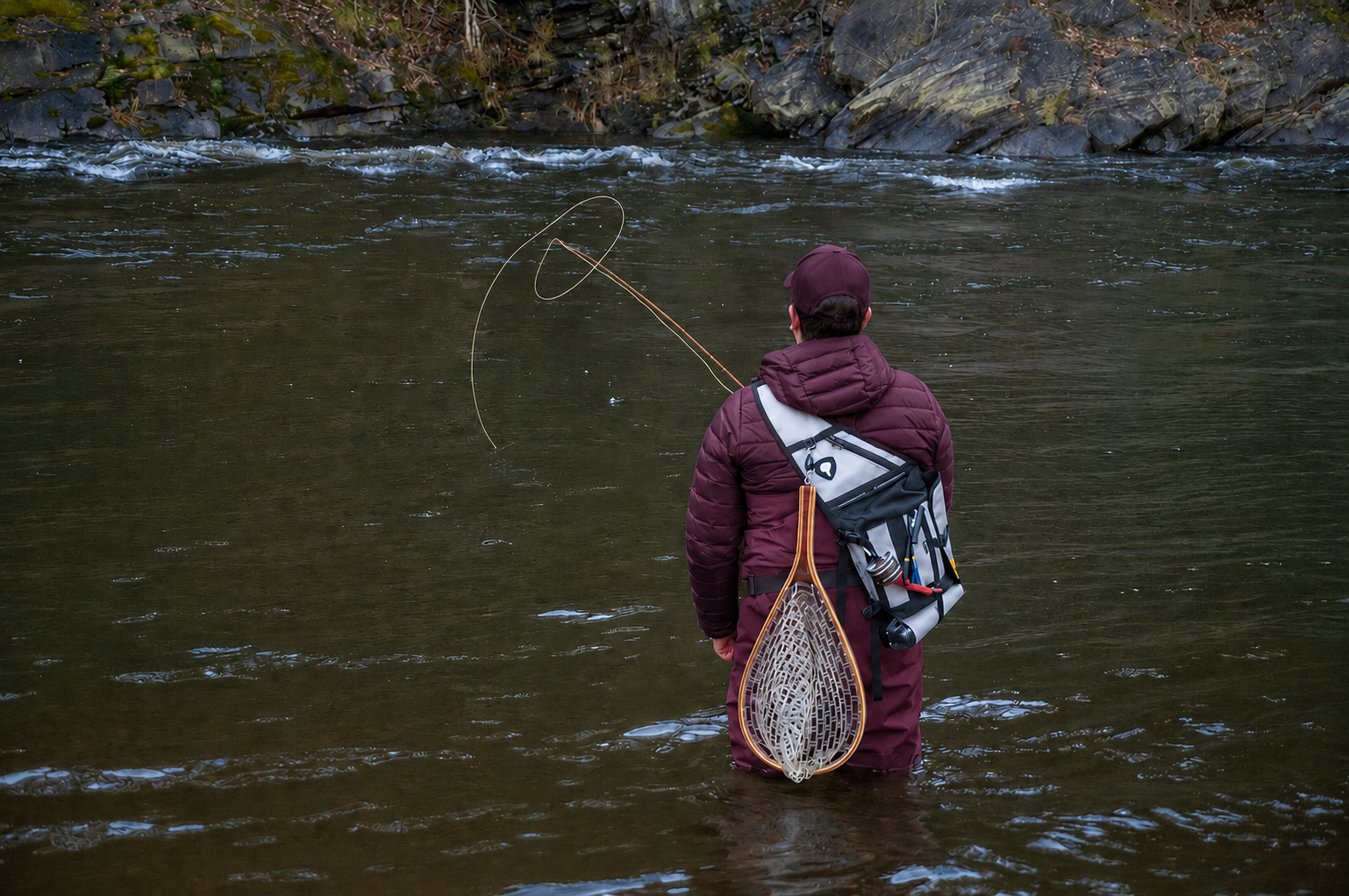 Angler wading in river casting fly line with landing net and pack, BC-style rocky river conditions