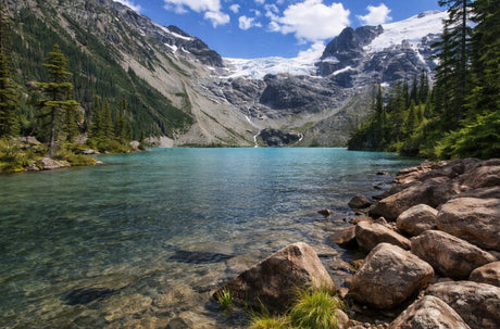 A glacial lake in a mountainous park in Canada, viewed from a right-side angle, featuring clear blue water, rocky shoreline, and snow-capped peaks surrounded by forest.