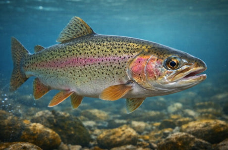Close-up rainbow trout underwater demonstrating visibility and detail in clear water conditions for fly fishing insights
