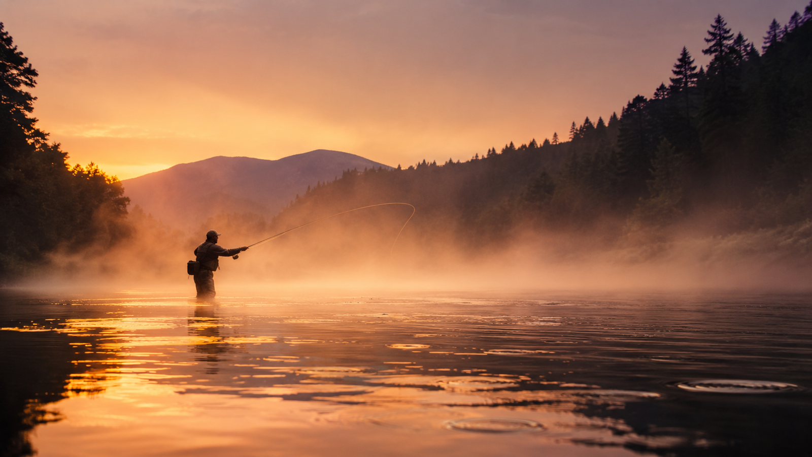 Cinematic fly fishing scene featuring a lone angler casting on a misty river at golden hour, surrounded by trout rises, forested banks, and distant mountains. Perfect for fly fishing blogs, outdoor brands, and trout fishing content.