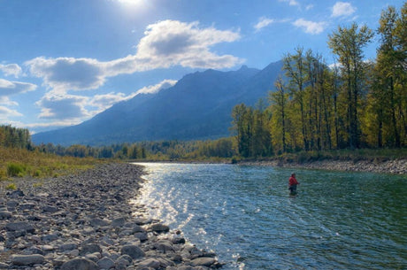 A lone angler stands quietly in a flowing river, surrounded by forest and mountains, reflecting a calm and mindful moment in nature.