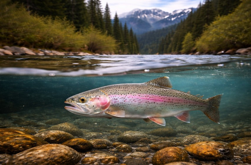 A rainbow trout swimming underwater in a clear river, captured in a split-level landscape shot with mountains and forest visible above the waterline.