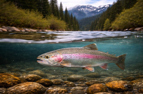 A rainbow trout swimming underwater in a clear river, captured in a split-level landscape shot with mountains and forest visible above the waterline.
