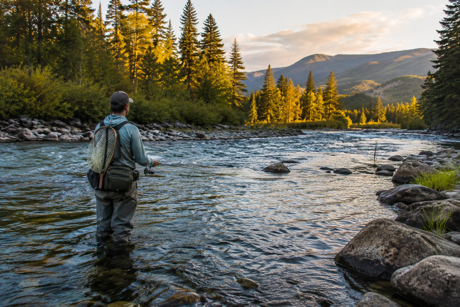 Fly angler studying current seams in a trout river while deciding whether to fish a run thoroughly or move to new water.